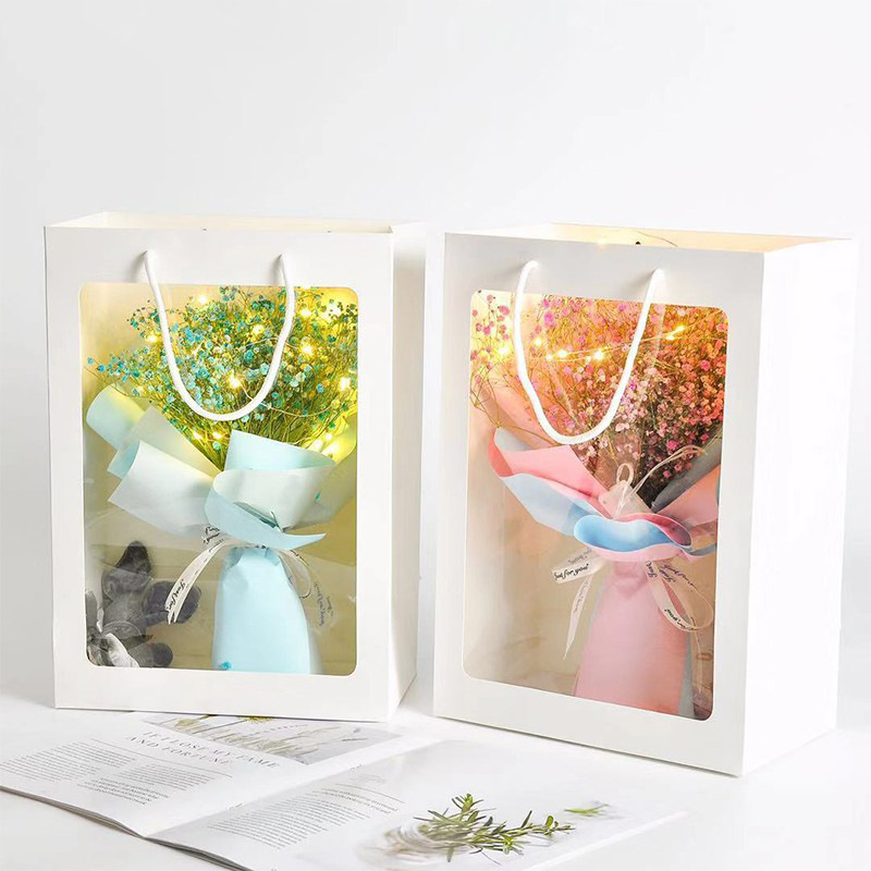 鲜花手提袋白色小花束情人节橱窗透明礼品花袋包装袋礼盒心形干花