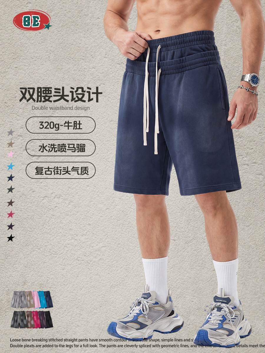 Be Hombres| Pantalones de doble cintura pesados lavados con agua, pantalones cortos de cintura alta, pantalones de moda, pantalones deportivos casuales sueltos, pantalones de cinco puntos