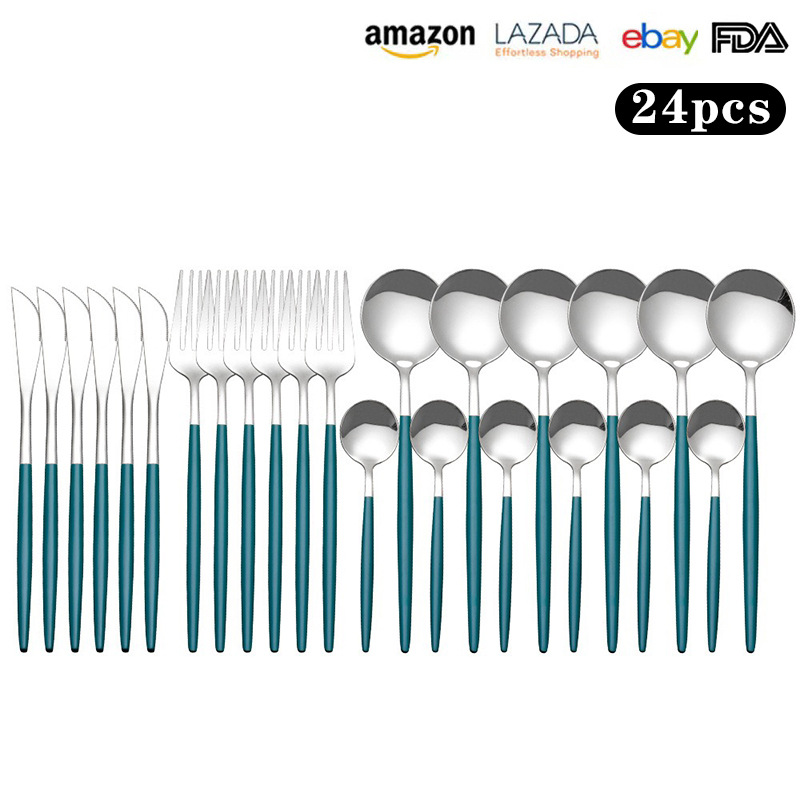Transfronterizo de Amazon 24 piezas de acero inoxidable traje de vajilla Portugués Occidental cuchillo de carne, tenedor y cuchara de titanio chapado en oro cuchara