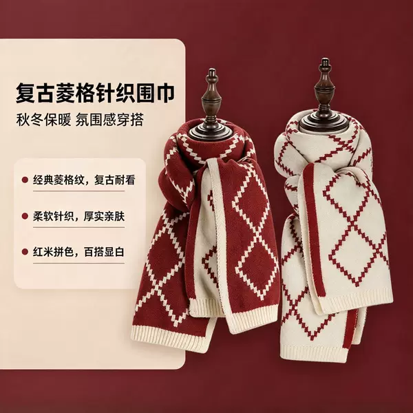 Scarf Girls 2024 New Winter Double-Sided All-Match High-Level Warm Thickened Wool Knitted Plaid Scarf Neck