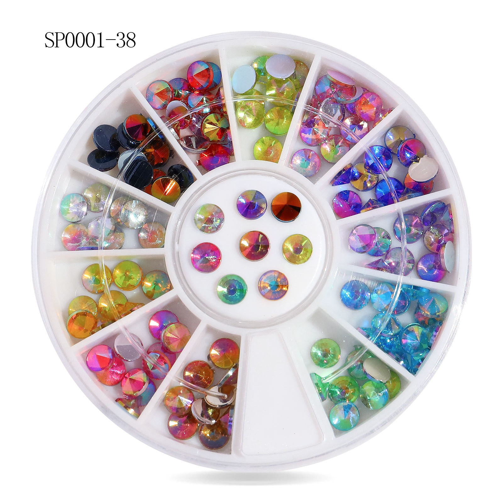 Joyería de uñas transfronteriza de uñas de aleación de color mágico plano Diamante de forma especial blanco AB rhinestone joyería 12 rejilla giratoria al por mayor