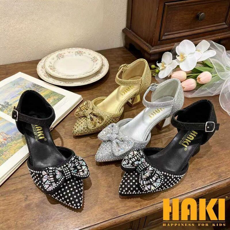 Haki Brand Kidsren's Shoes with Bowknot Crystal Rhinestones High Heels African Banquet Shoes Sandals Kidsren's Party Shoes