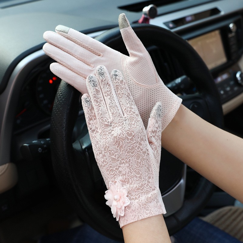 Guantes de protección solar para mujer delgados antideslizantes transpirables primavera y verano elegantes guantes de pantalla táctil a prueba de UV de encaje