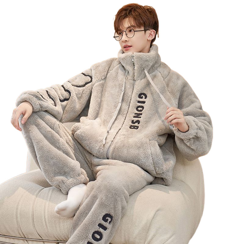 가을과 겨울 따뜻한 청소년 세트 날 산호 양털 기모 두꺼운 남자 잠옷 집 옷 플란넬 후드