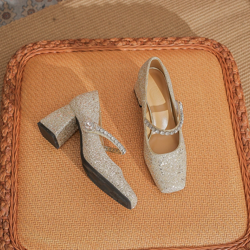 7726-6 Французская обувь Мэри Джейн Женская 2024 Осень Новый Сияющий Glitt Слова с квадратной головой толстые туфли на каблуке