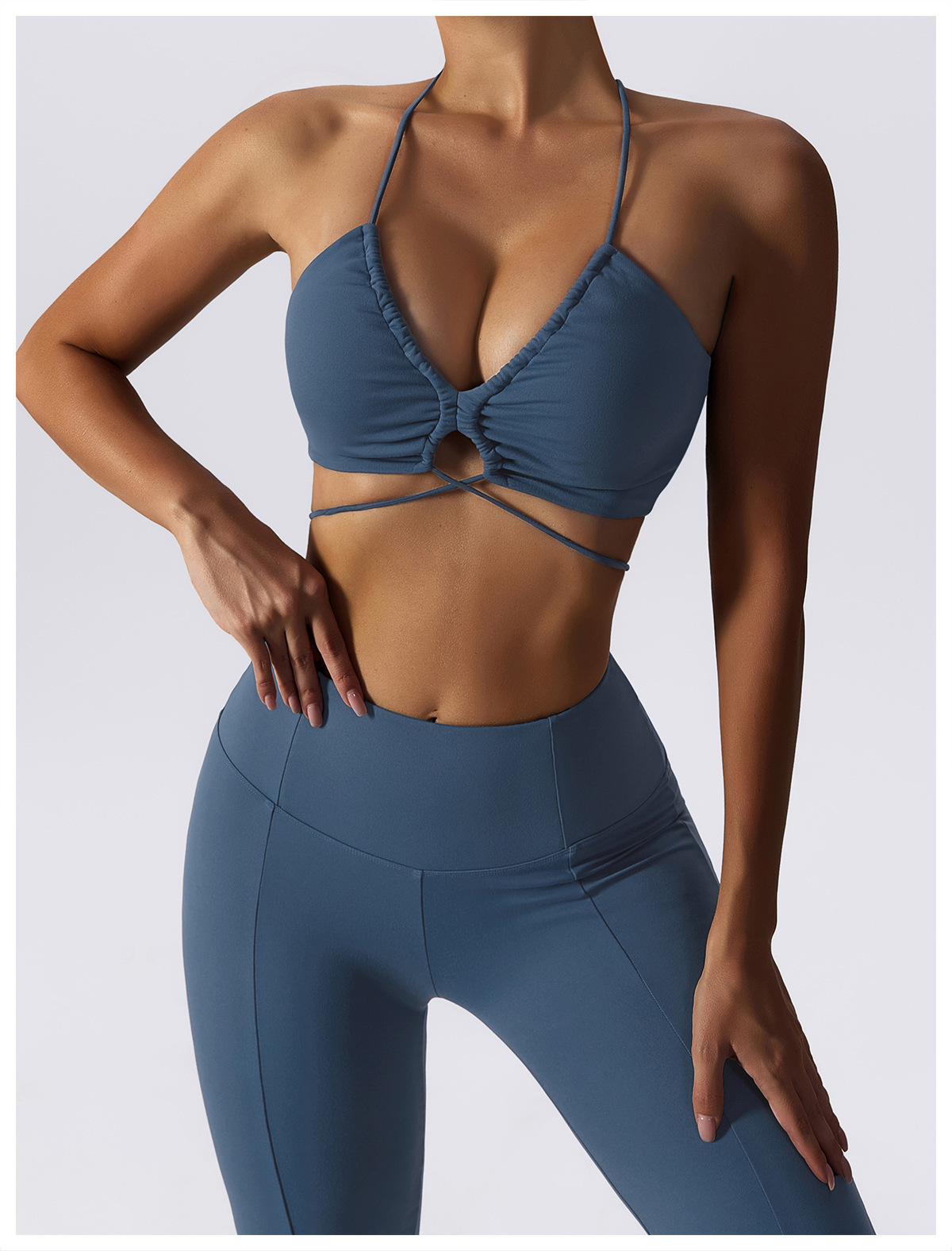 Simple Style Solid Color Nylon Halter Neck Active Tops Halter Crisscross Tank Flared Pants display picture 5