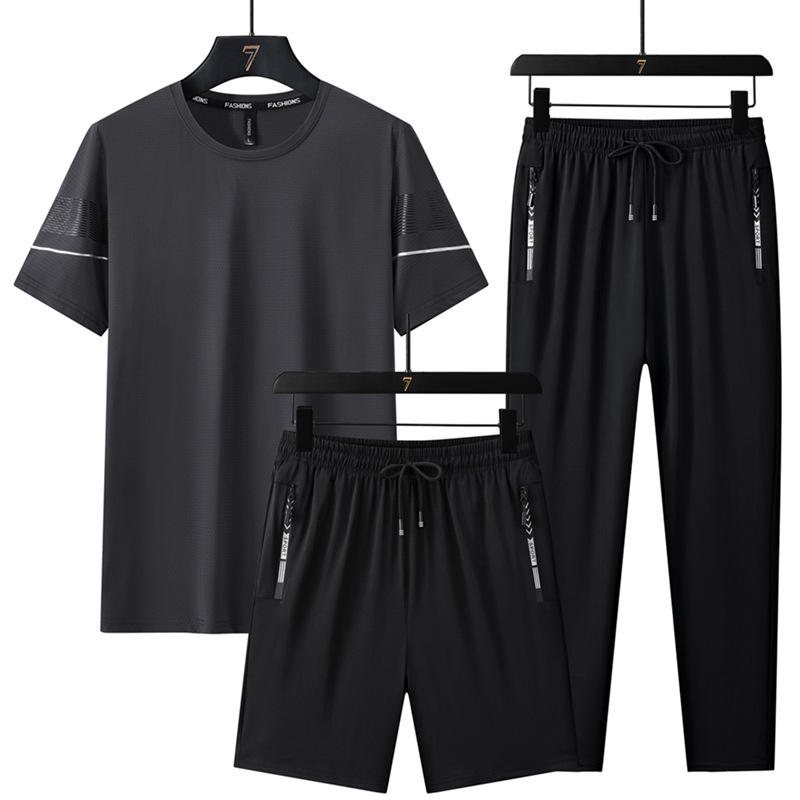 Trajes deportivos de seda de hielo de verano para hombres, mangas cortas, pantalones cortos, pantalones largos, carreras casuales, secado rápido, delgado, conjunto de tres piezas al por mayor