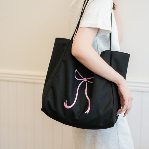 Large-capacity bow embroidery canvas tote bag for women, teenage girl's heart cute single-shoulder cloth bag for commuting and working, hand-held
