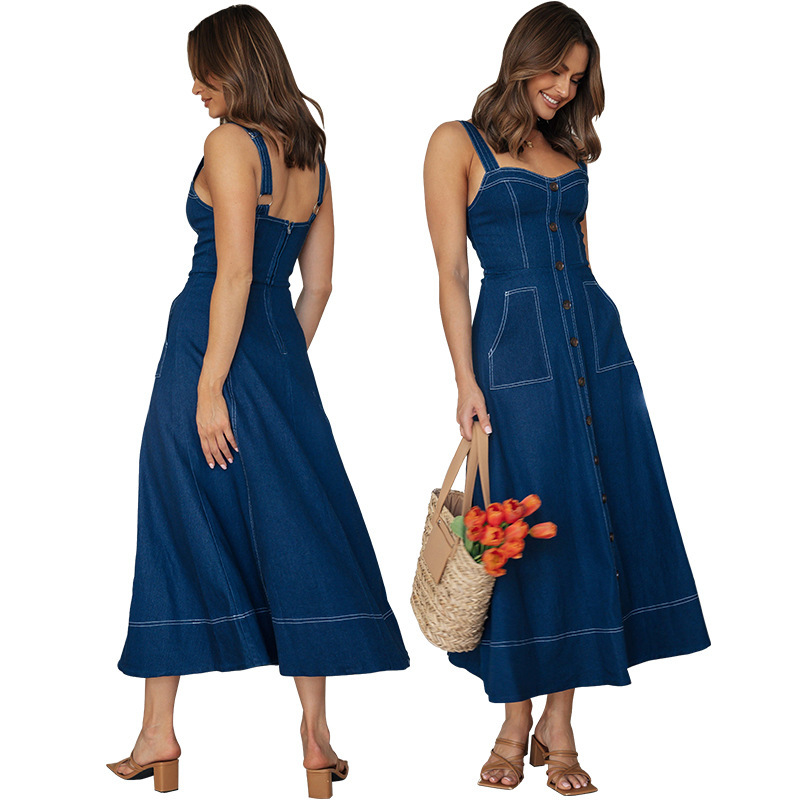 218691 European and American Cross-Border Summer Design Thin Casual Fit White Suspender Long Dress Wholesale