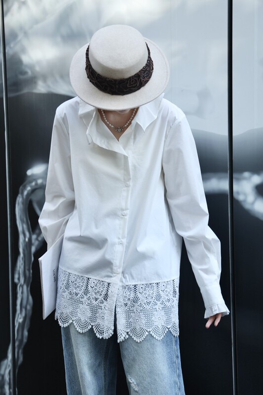 25 New Autumn and Winter Flower Bud Collar Splicing Hem Lace Loose Version Anti-Wrinkle Cotton Shirt Bottoming Shirt 117