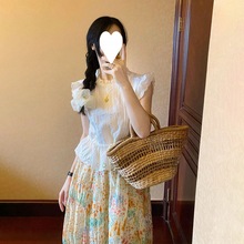 夏装盐系上衣显瘦白色衬衫小个子法式碎花半身裙子两件套装女时尚