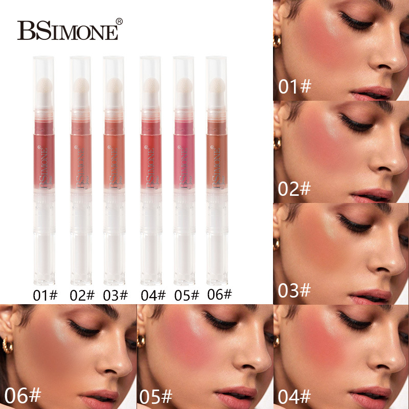 Lápiz giratorio de rubor mate de 6 colores para maquillaje, de doble uso para labios y mejillas, barra de rubor líquido multifuncional con cabezal de esponja de fácil aplicación.