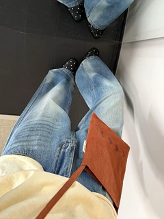 美式休闲高腰浅蓝渐变色直筒牛仔裤女设计感小众宽松显瘦阔腿长裤