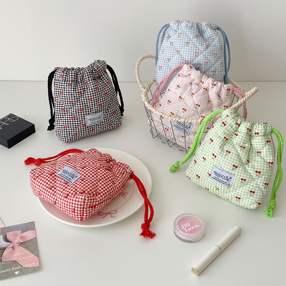 Korean Style Girl Cartoon Drawstring Cosmetic Bag Student Cute Cherry Sundries Storage Bag Travel Portable Toiletry Bag