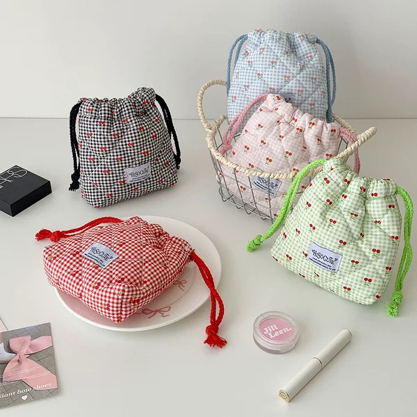 Korean Style Girl Cartoon Drawstring Cosmetic Bag Student Cute Cherry Sundries Storage Bag Travel Portable Toiletry Bag