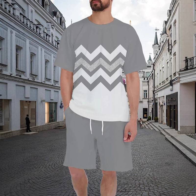 Summer Style Two-Piece Set with Color Gradient from Medium Gray to Off-White, Digital Print Sportswear, Round-Neck T-Shirt and Shorts