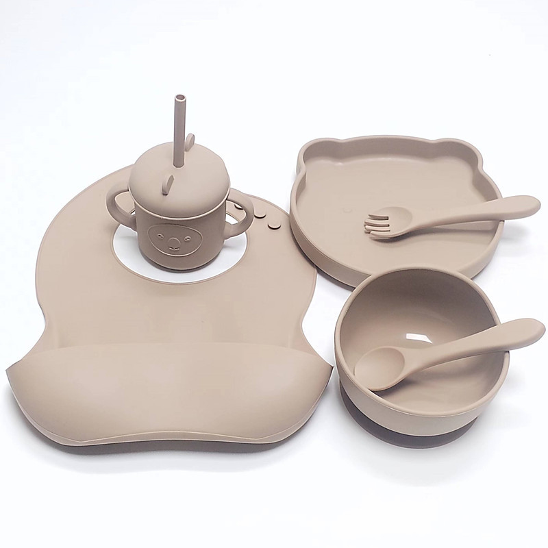 라이트 브라운 (리틀베어 1칸 실리콘 접시 + 어린이 그릇 + 턱받이 + 컵 + 풀 실리콘 + 스푼 + 포크)