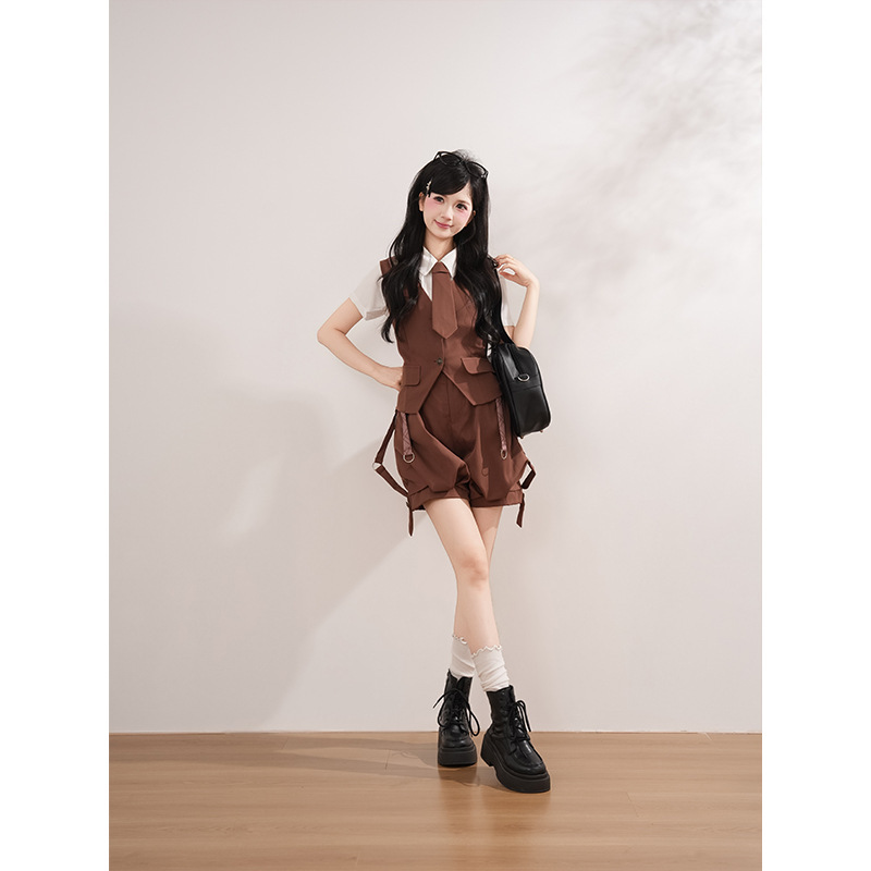 【Tiju Detective】lolita shirt, short-sleeved overalls, suit vest, boy prince outfit three-piece set for summer