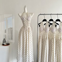 MILLAIDI波点掛け首ワンピース女性2025春新作魚骨vネックロングスカート気質ウエストスカート