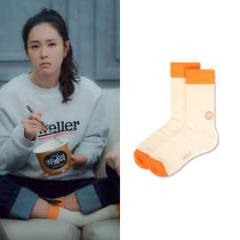 韩国设计师笑脸刺绣撞色中筒袜 ins潮流孙艺珍同款袜子网红棉袜女