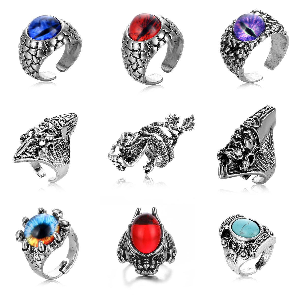 1 Piece Hip-hop Eye Dragon Alloy Plating Inlay Artificial Gemstones Turquoise Unisex Open Ring display picture 1