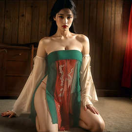 新款古典唐风印花分片抹胸裙大码情趣内衣性感露睡臀衣 免脱汉服