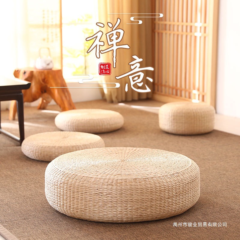 Cojín de futón de tejido de paja de estilo japonés, cojín de tatami de borde redondo grueso, cojín de futón hecho a mano para adorar al Buda y Zen.