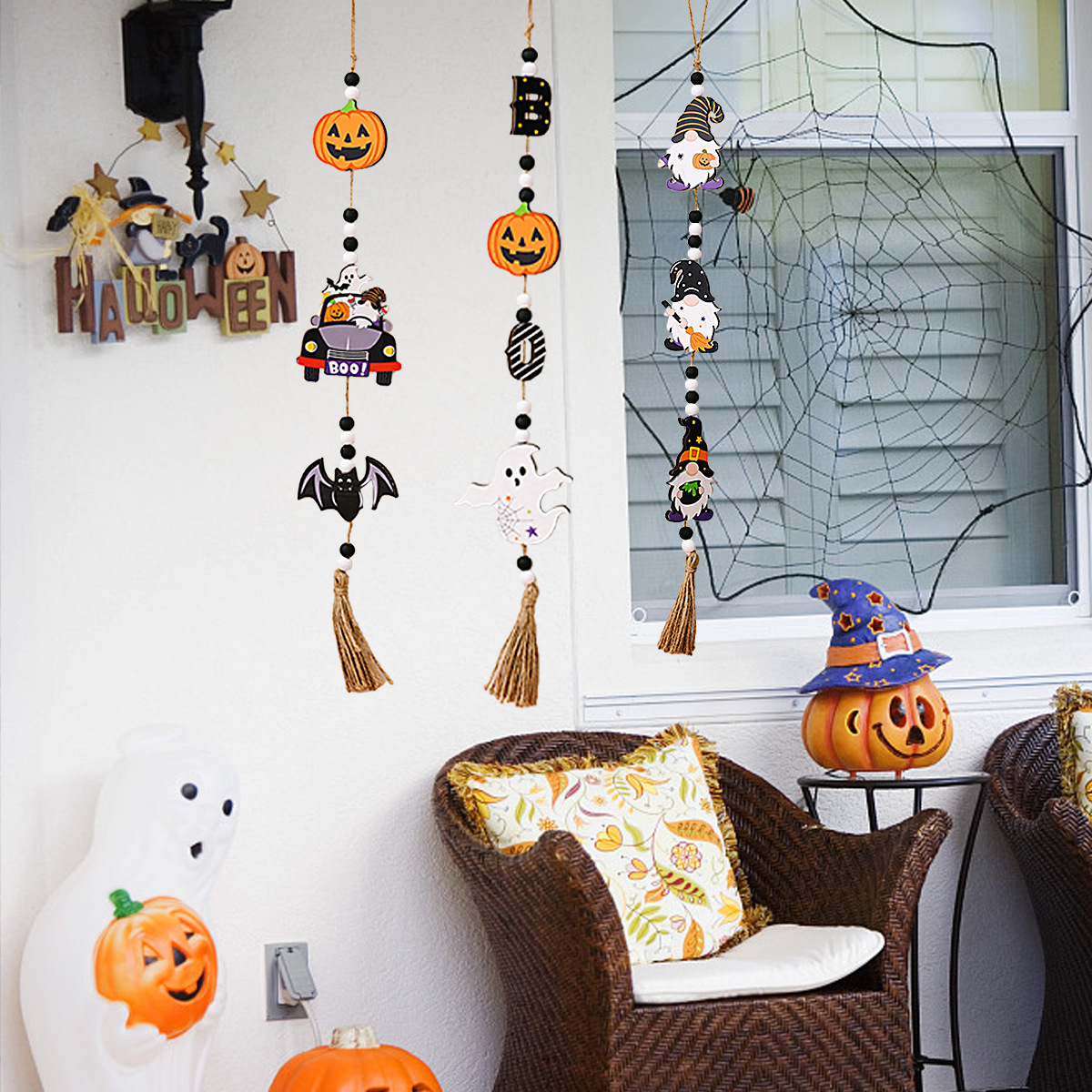 Escenas de Halloween accesorios de vestuario fantasma día de muertos cuentas colgantes calabazas de madera fantasma casa colgantes de pared