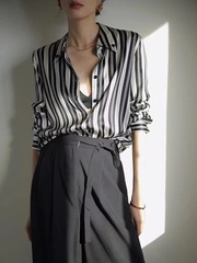 2024春夏重ポンドシルクサテンブラウス春夏長袖ゆるい縞レトロ通勤绢糸シャツ