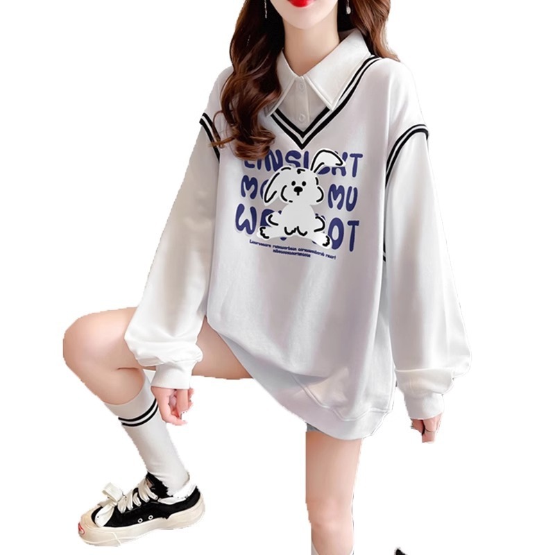 長袖Tシャツ 女の子用 2025年春夏新作 中学生・高校生 カレッジ風 フェイクツーピース 薄手ポロスウェットシャツ|undefined
