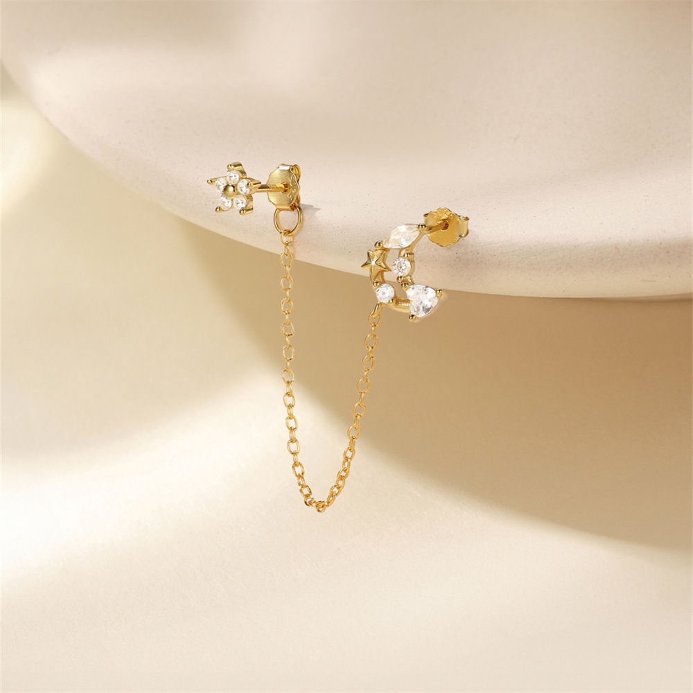925 Sterling Silver Material Star, Moon, Flower Pattern All Seasons Season 1 Piece 925 Sterling Silver Star Moon Flower Zircon Ear Studs