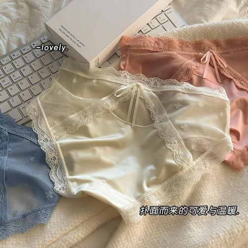French sexy hollow semi-transparent lace panties for women soft and breathable mid-waist butt lift pure cotton crotch briefs for women