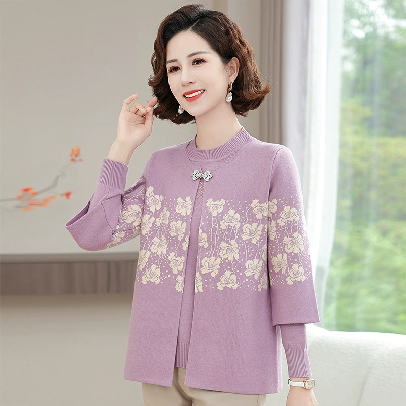 2024 новая мама осенняя одежда ранняя осень куртка среднего и пожилого женского кардиган моды с двумя нижними рубашками