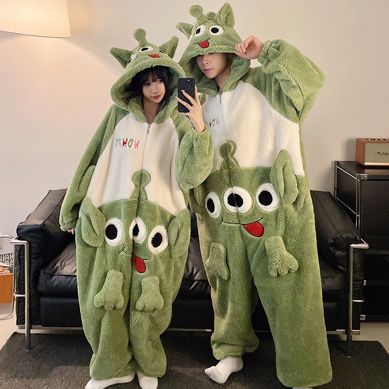 Invierno pareja pijamas de dibujos animados de las mujeres con capucha más el tamaño cálido estudiante ins estilo de una sola pieza desgaste del hogar 200kg usable