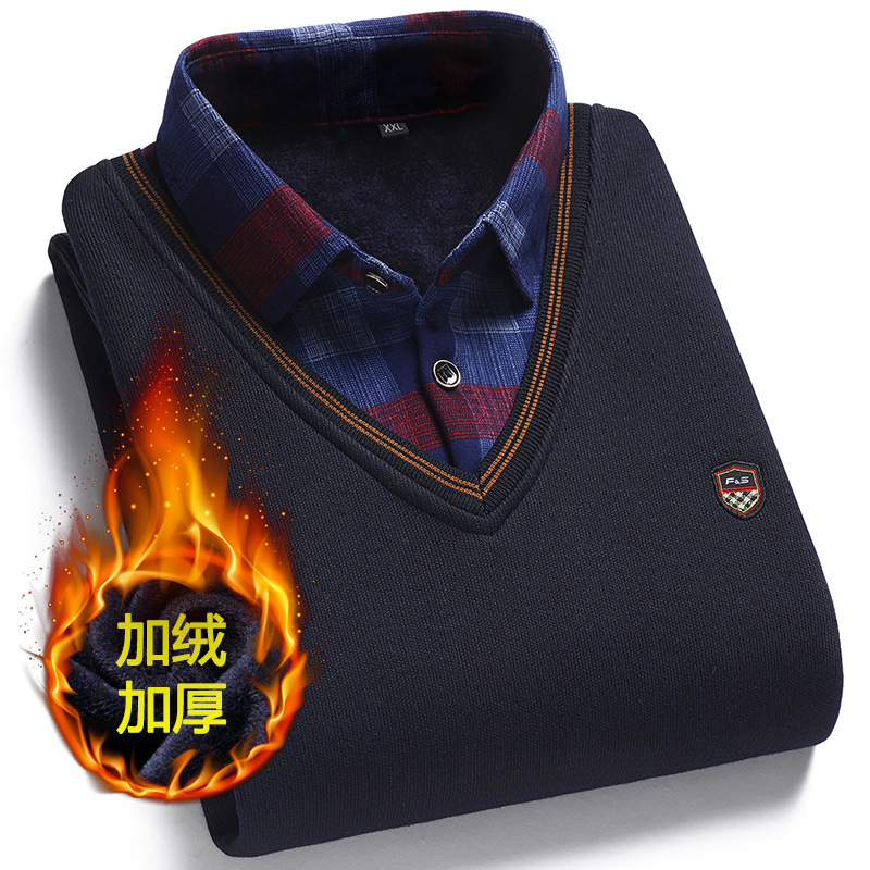 [Plus velvet thickening] new men's fake two-piece shirt collar sweater men's middle-aged and elderly bottoming sweater inside