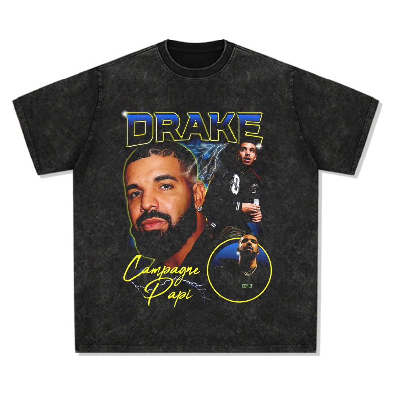 Drake hip hop rap americano estilo callejero estampado retro hace viejo lavado pesado suelto manga corta