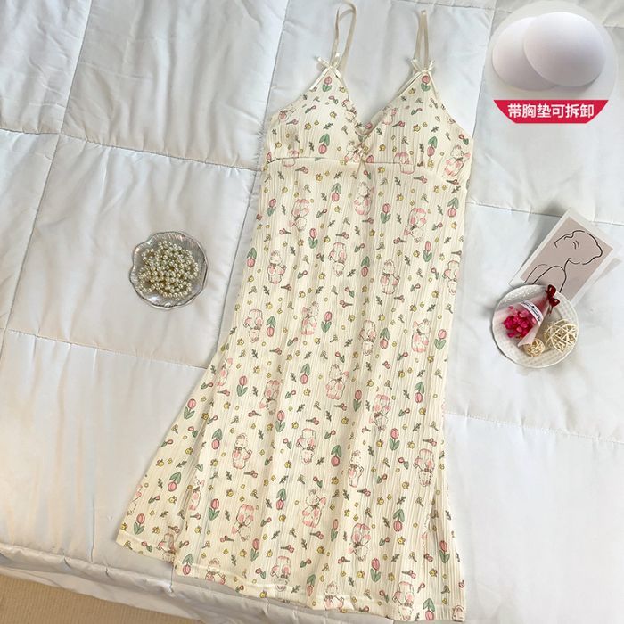 Pijamas transfronterizos mujer verano imitación algodón arrugado tela 150g con almohadilla para el pecho desmontable casual dulce y lindo vestido de longitud media