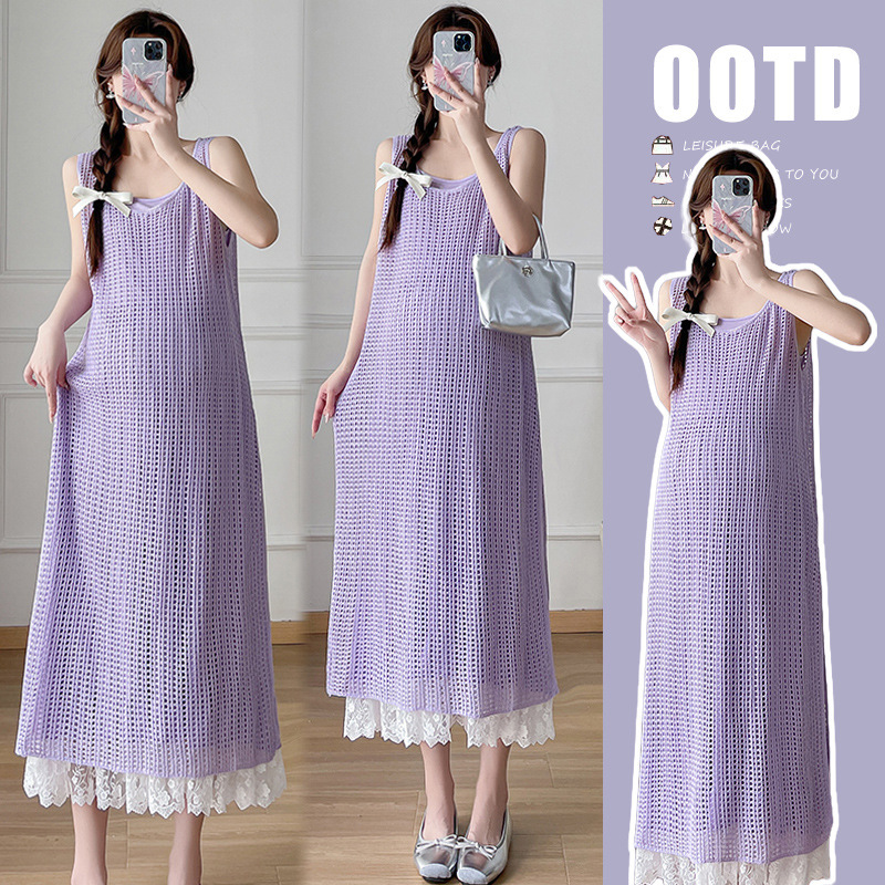 Real Shot of Ready-Made 2025 New Maternity Summer Clothes, Knitted Sleeveless Long Skirt and Suspender Skirt Two-Piece Suit