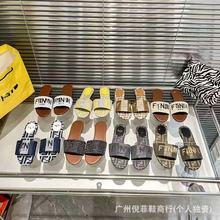 F家一字拖女夏大码平底外穿字母提花帆布休闲凉拖时尚沙滩懒人拖