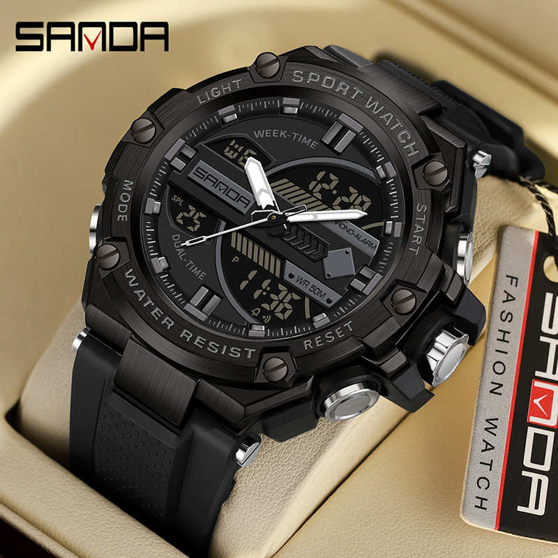 SANDA 3185 nuevos hombres electrónicos reloj de moda deportes al aire libre luminoso impermeable reloj despertador