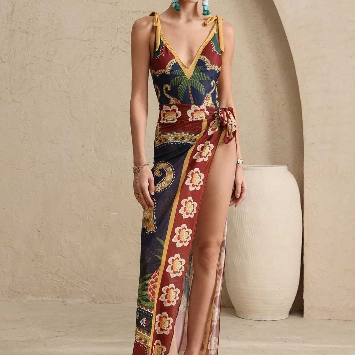 2027 Cross-Border Amazon Foreign Trade European and American Style Printed One-Piece Swimsuit with Slit Beach Swimwear Set for Women SST598