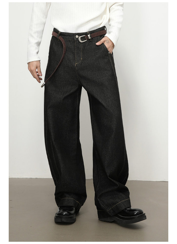 Quần jean nam denim đen dáng suông ống rộng kiểu banana lưng giữa, phong cách đường phố — Denim đen chi tiết 10