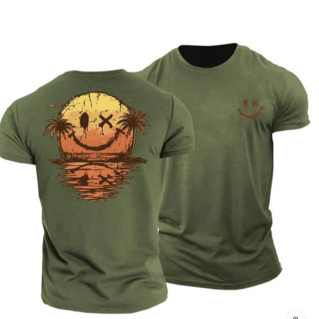 Cross-Border Men's Casual Round Neck Short-Sleeved T-Shirt Beach Sunset Coconut Tree Print