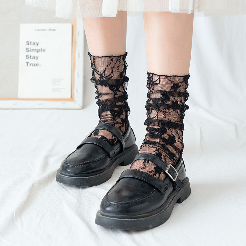 Calcetines de malla de encaje de verano para mujer JK calcetines de pila de estilo japonés ins Flor de moda Lolita calcetines de media pantorrilla transparentes Zhuji