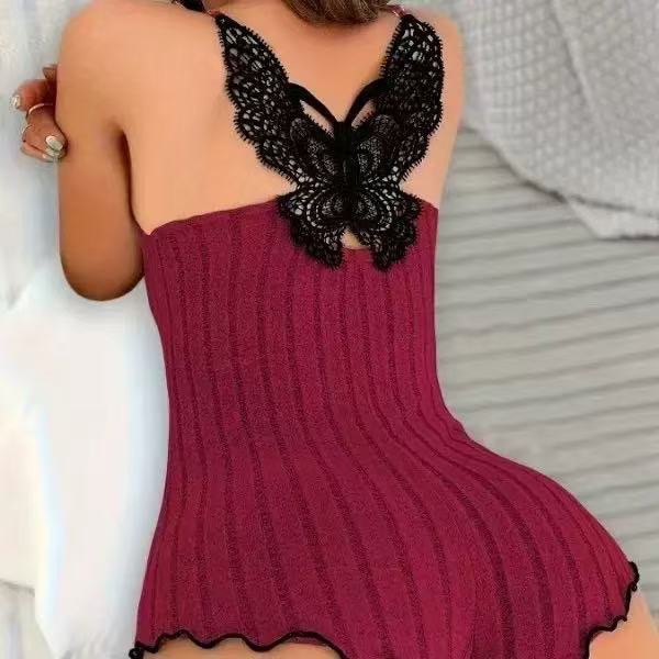Cross-Border Women's Summer Fashion Butterfly Backless Pajamas, Foreign Trade Loungewear, European and American Style Lace and Brushed Fabric Patchwork Casual Jumpsuit