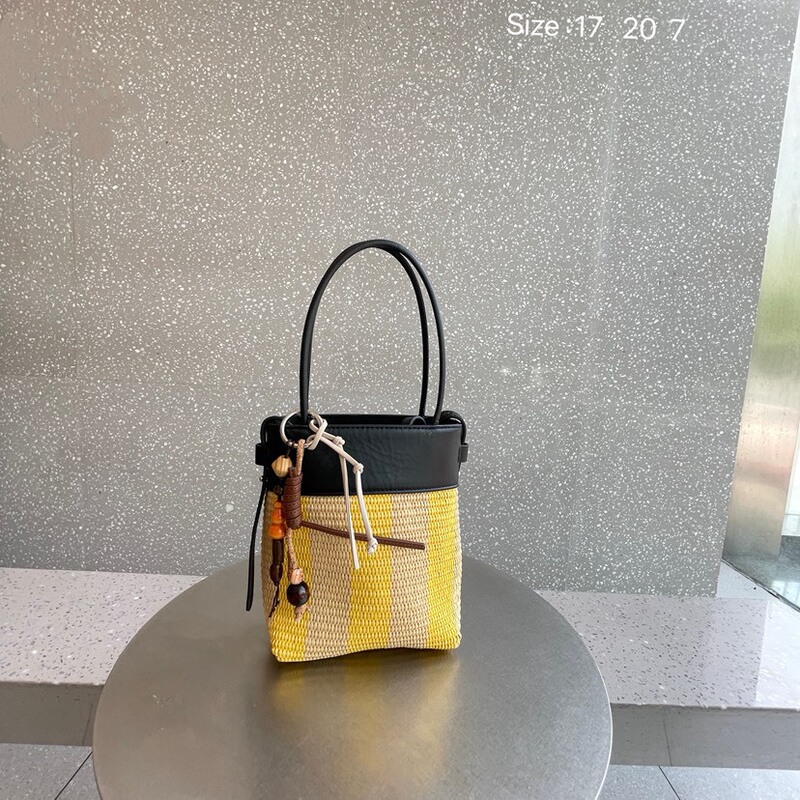 2025 New Contrast Color Cowhide Woven Bag Women's Lafite Straw Crossbody Bag All-match Striped Mobile Phone Bag Bucket Bag Trendy