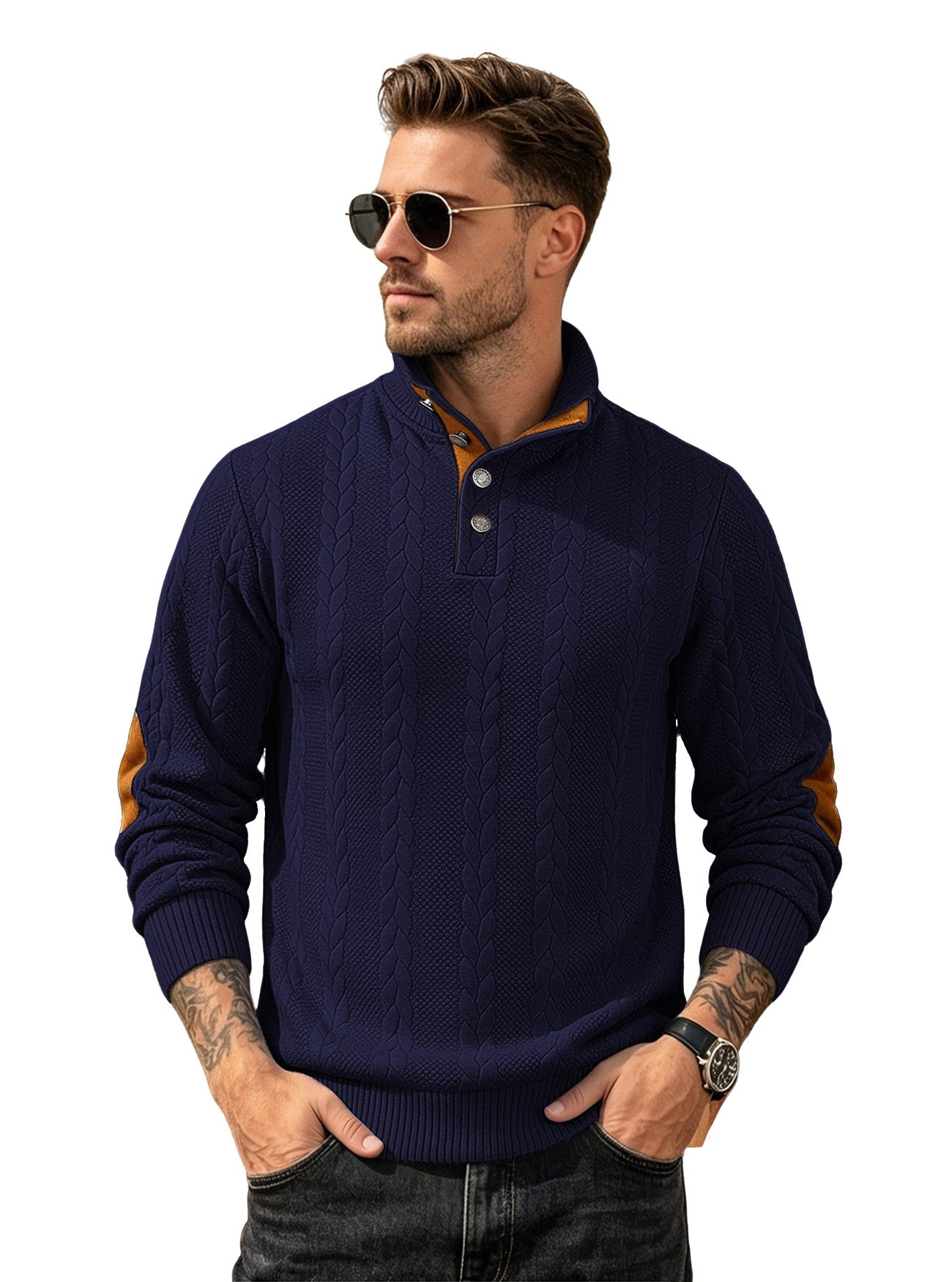 Camiseta POLO jacquard para hombre, estilo europeo y americano, con cuello Henley, manga larga, bordado con parches, suéter informal para hombre.