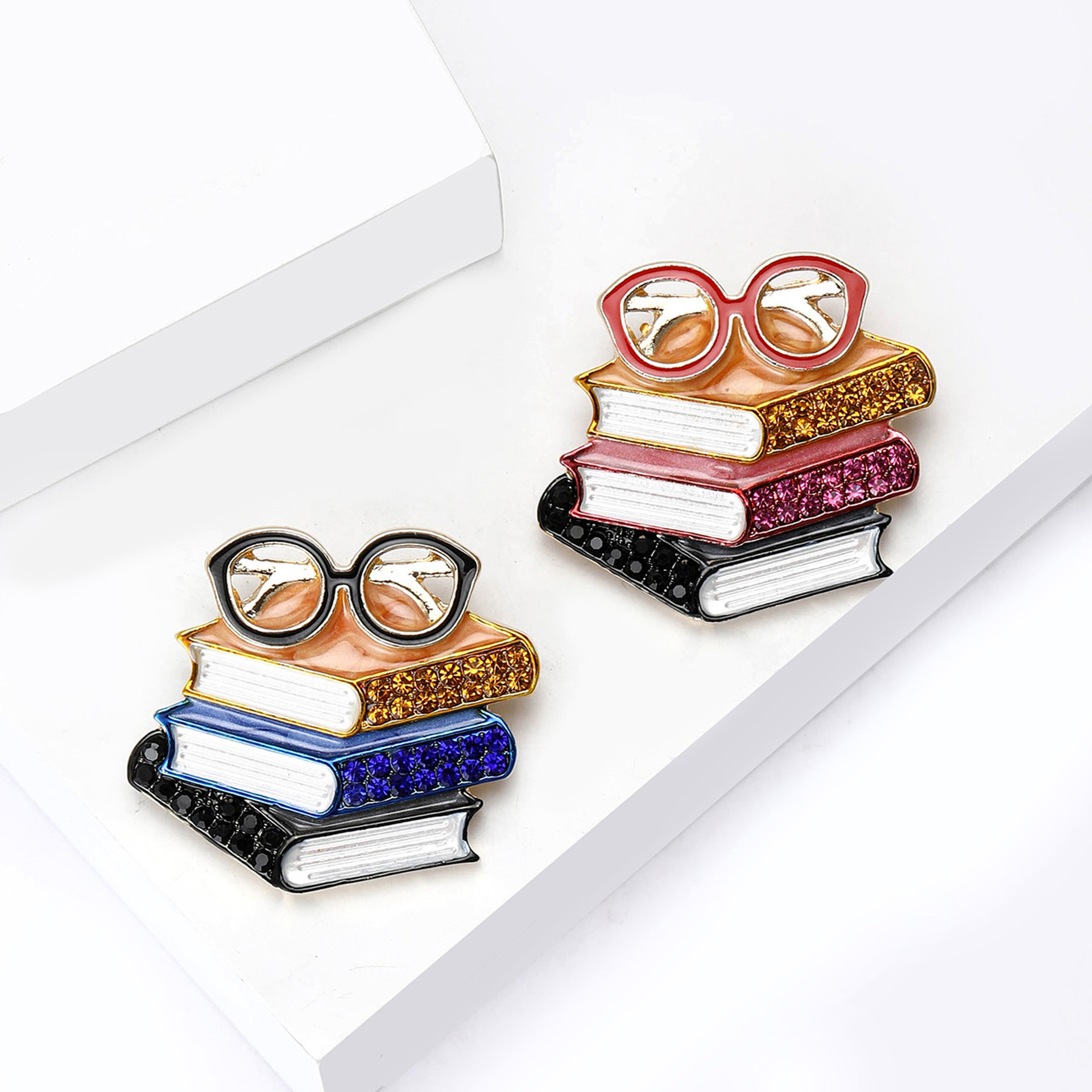 European and American New Enamel Rhinestone Three-Book Glasses-Shaped Brooch Exquisite Men's and Women's Clothing Corsage Jewelry Pin