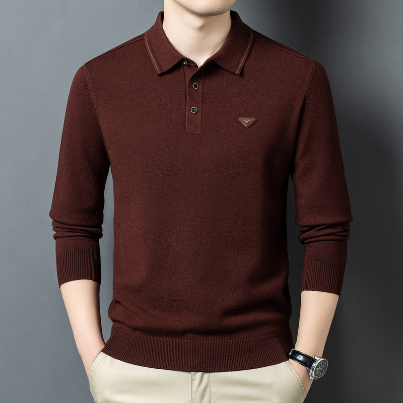 Authentic men's long-sleeve T-shirt for spring and autumn, featuring a classic collar, loose fit, and solid color design, perfect for middle-aged dads Authentic men's long-sleeve T-shirt for spring and autumn, featuring a classic collar, loose fit, and solid color design, perfect for middle-aged dads