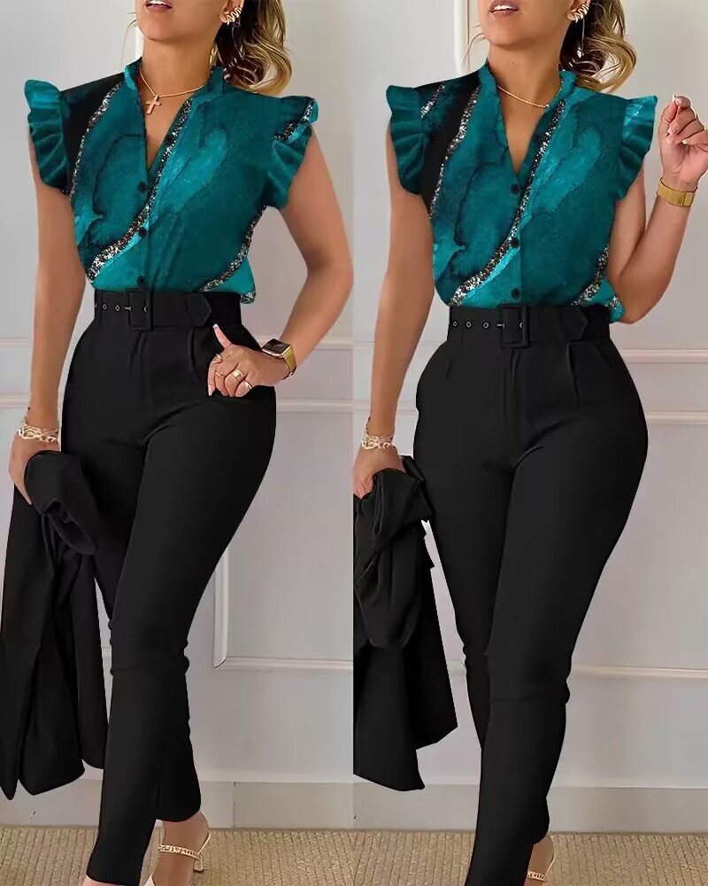 Printing Design Business, Fashion Style Office Women's Business Fashion Stripe Polyester Printing Pant Co-ord Set Pants Sets